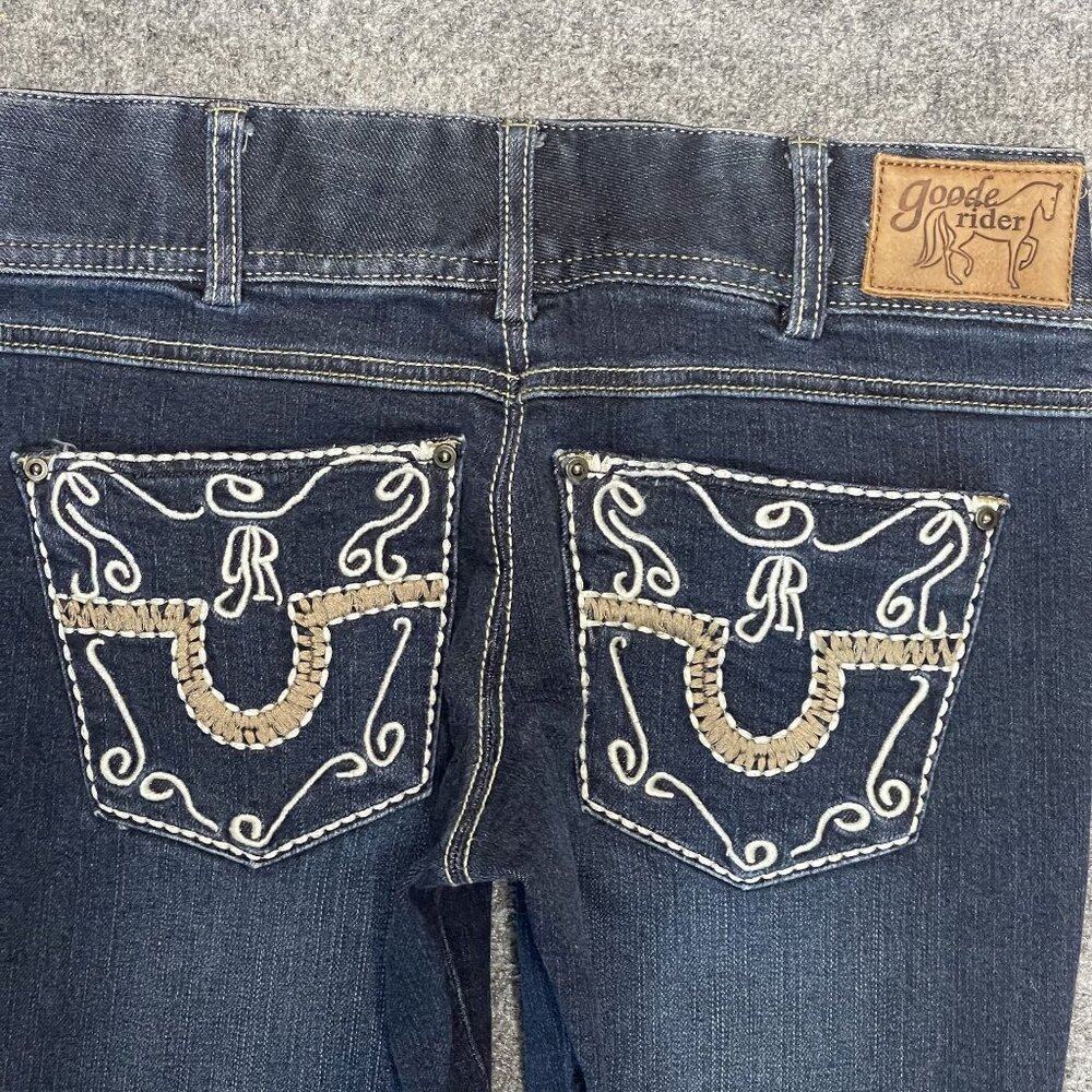 Goode Rider Ladies Stretch Denim Knee Patch Breeches Embroidered Back Pockets - Picture 9 of 9